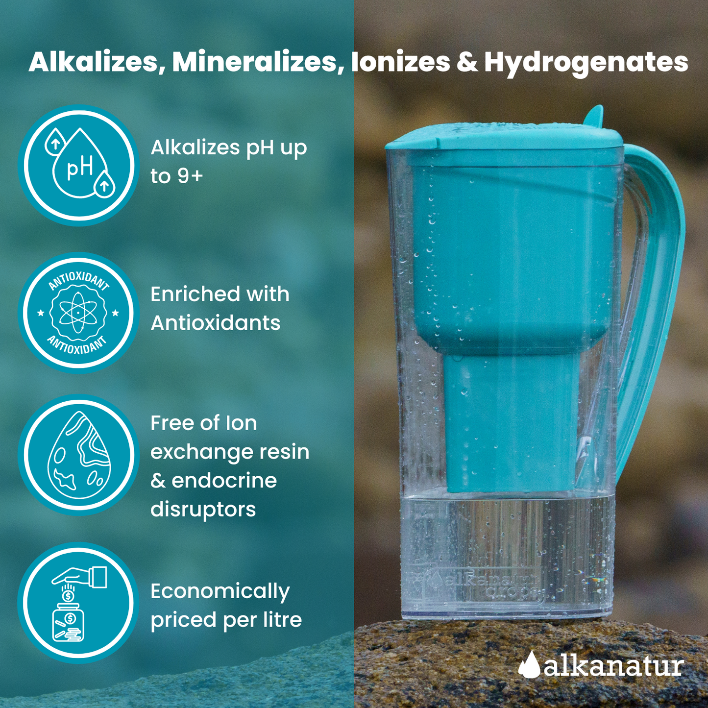 Water pitcher with benefits. High pH, antioxidant water, removes impurities, no ion exchange resin
