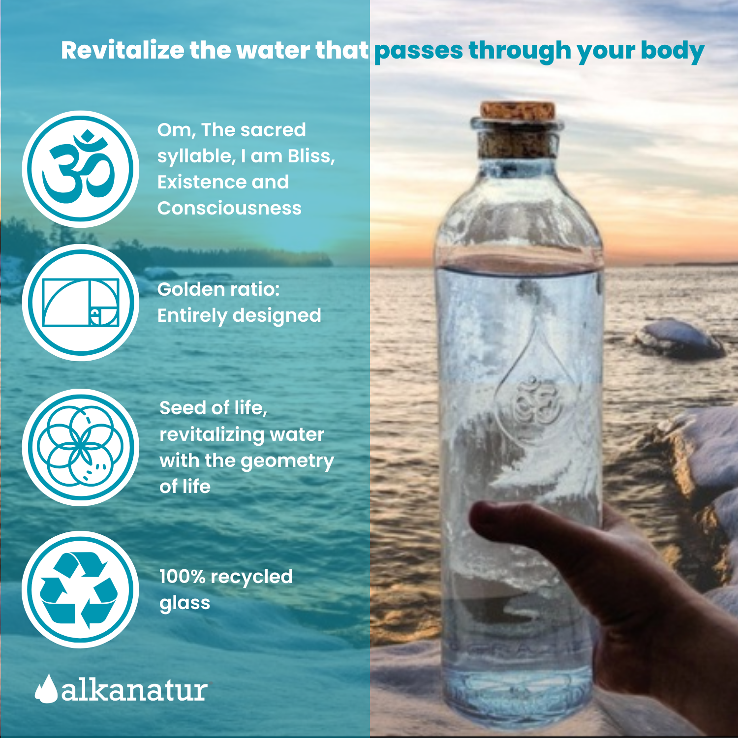 Alkanatur Pitcher with Pack of Filters and OmWater Gratitude Bottle bundle