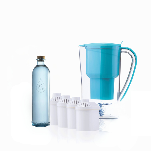 Pack jarra Alkanatur con pack de filtros y botella OmWater Gratitude