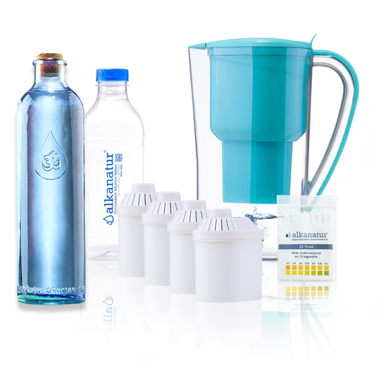 Alkanatur Pitcher with Pack of Filters and OmWater Gratitude Bottle bundle