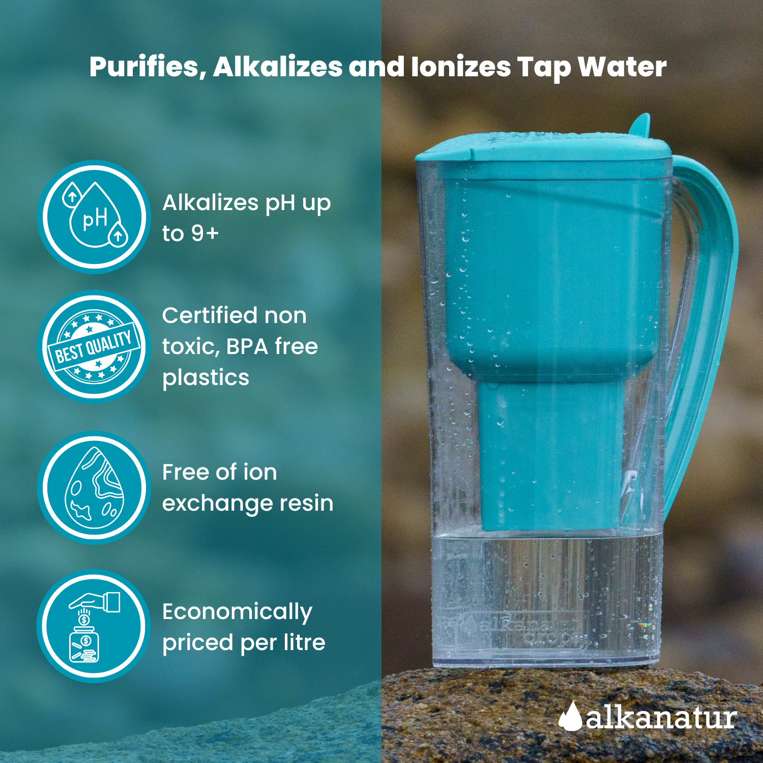 Alkanatur Water FIlter Provides water with high pH, high Antioxidant Capacity, Free from fluorides, heavy metals, and more