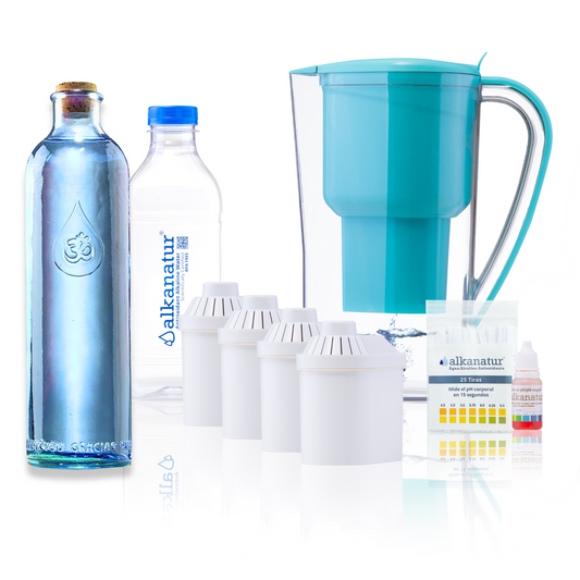 Alkanatur Pitcher with Pack of Filters and OmWater Gratitude Bottle bundle
